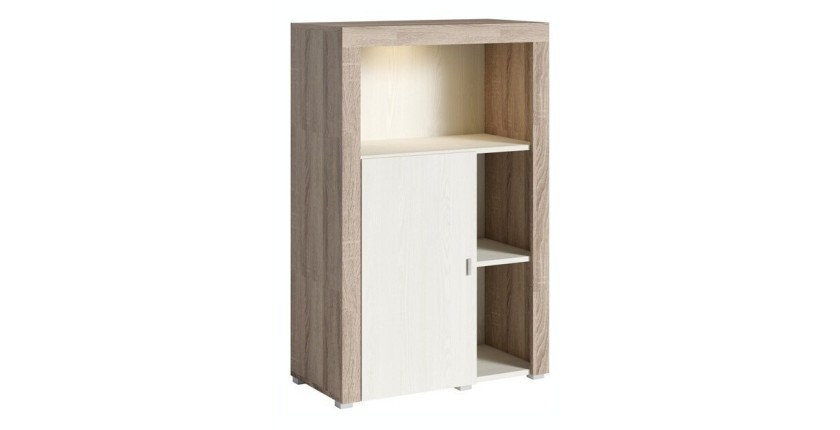 Buffet haut collection BELMONT une porte et trois niches. Coloris chêne et blanc crème effet bois.