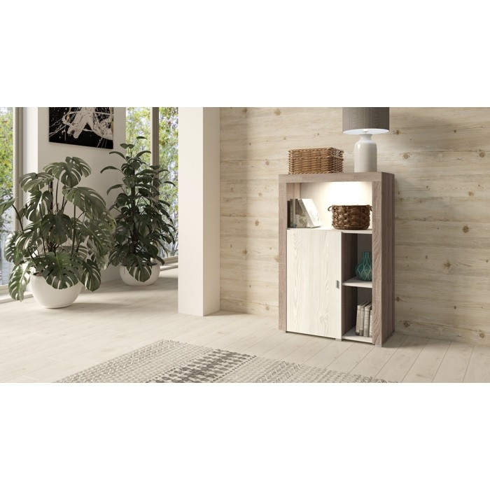 Buffet haut collection BELMONT une porte et trois niches. Coloris chêne et blanc crème effet bois.