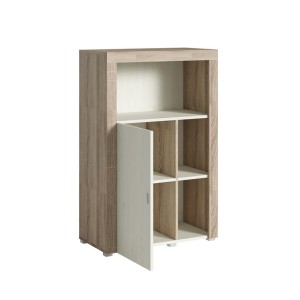 Buffet haut collection BELMONT une porte et trois niches. Coloris chêne et blanc crème effet bois.