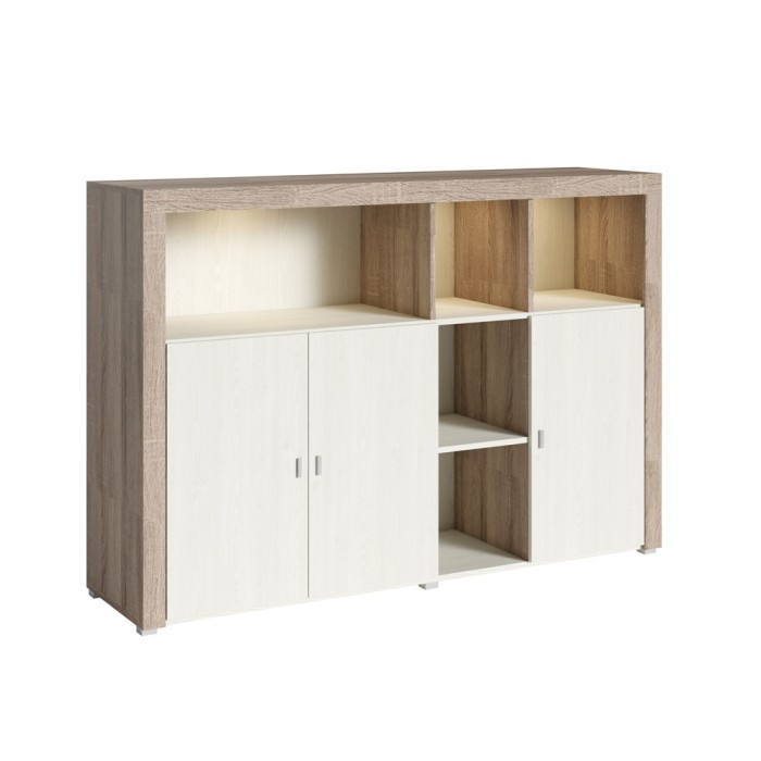Buffet 160cm avec nombreux rangements collection BELMONT. Coloris chêne et blanc crème effet bois.