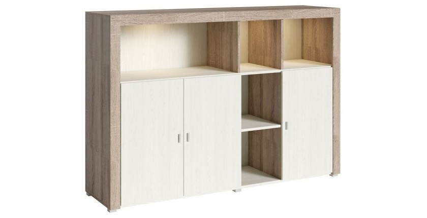 Buffet 160cm avec nombreux rangements collection BELMONT. Coloris chêne et blanc crème effet bois.