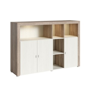 Buffet 160cm avec nombreux rangements collection BELMONT. Coloris chêne et blanc crème effet bois.