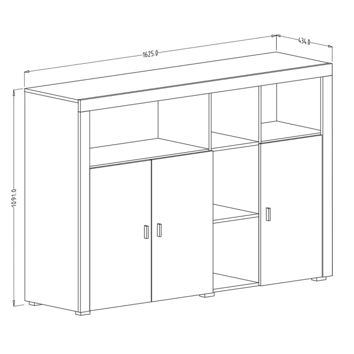 Buffet 160cm avec nombreux rangements collection BELMONT. Coloris chêne et blanc crème effet bois.