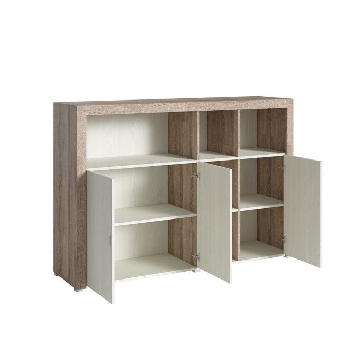 Buffet 160cm avec nombreux rangements collection BELMONT. Coloris chêne et blanc crème effet bois.