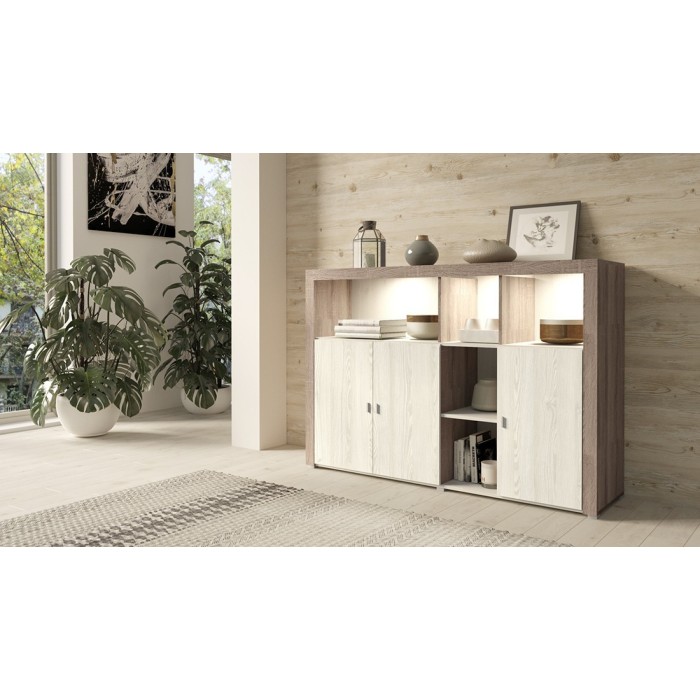 Buffet 160cm avec nombreux rangements collection BELMONT. Coloris chêne et blanc crème effet bois.