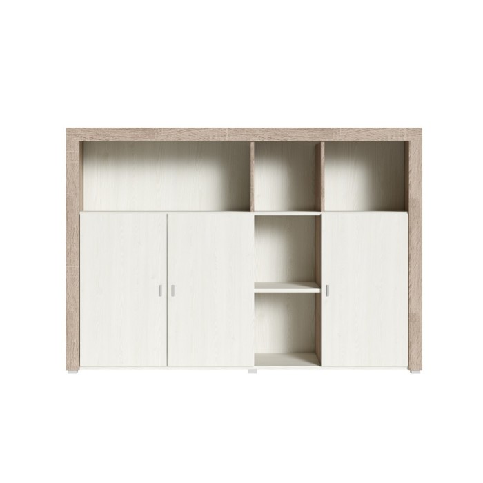 Buffet 160cm avec nombreux rangements collection BELMONT. Coloris chêne et blanc crème effet bois.