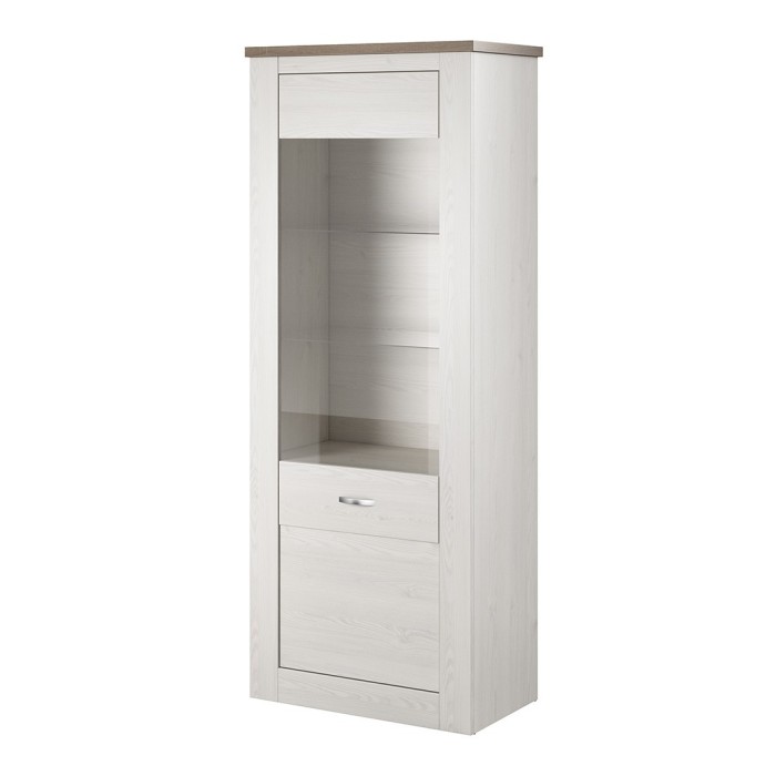 Vitrine haute design, 1 porte collection JUDY. Coloris blanc effet bois et chêne.