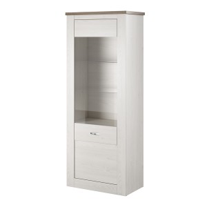Vitrine haute design, 1 porte collection JUDY. Coloris blanc effet bois et chêne.