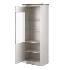 Vitrine haute design, 1 porte collection JUDY. Coloris blanc effet bois et chêne.