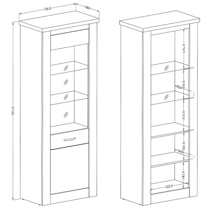 Vitrine haute design, 1 porte collection JUDY. Coloris blanc effet bois et chêne.