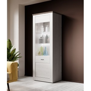 Vitrine haute design, 1 porte collection JUDY. Coloris blanc effet bois et chêne.
