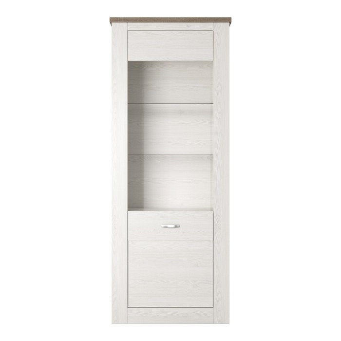 Vitrine haute design, 1 porte collection JUDY. Coloris blanc effet bois et chêne.