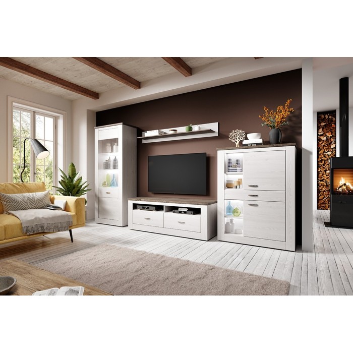 Vitrine haute design, 1 porte collection JUDY. Coloris blanc effet bois et chêne.