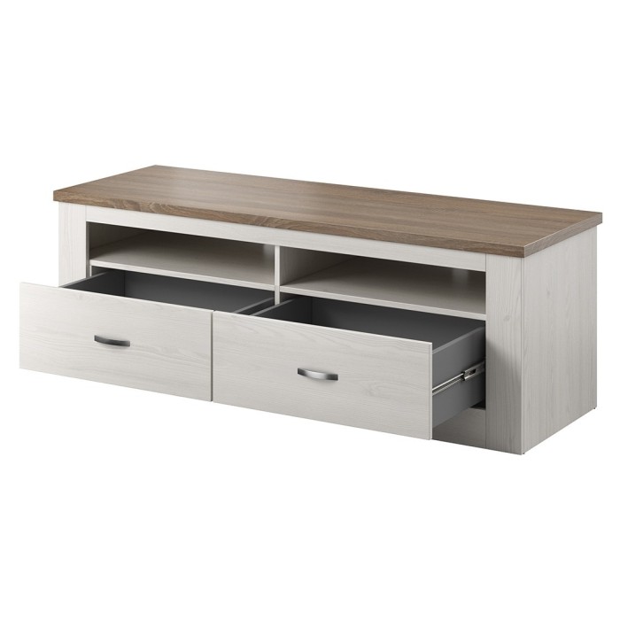 Meuble TV 150cm collection JUDY. Coloris blanc effet bois et chêne.