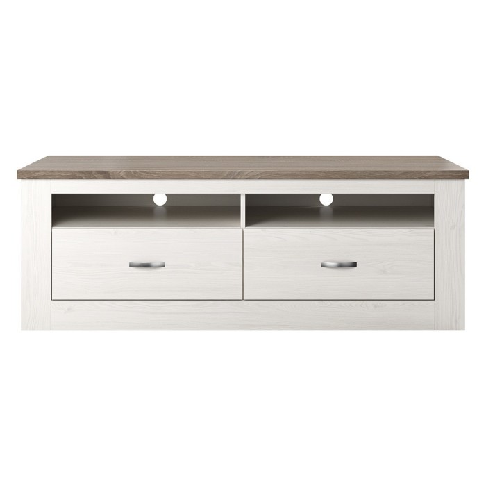 Meuble TV 150cm collection JUDY. Coloris blanc effet bois et chêne.