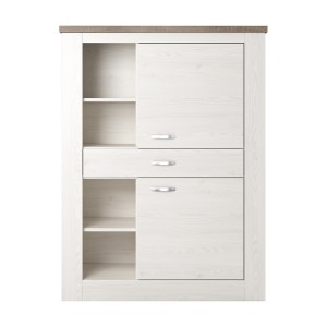 Buffet haut collection JUDY deux portes, un tiroir et quatre niches. Coloris blanc effet bois et chêne.