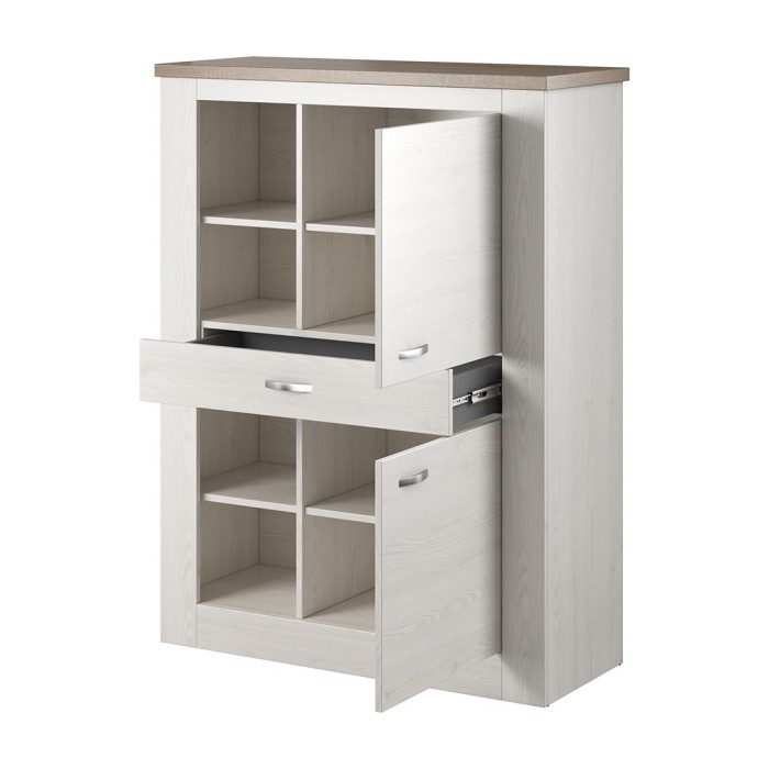 Buffet haut collection JUDY deux portes, un tiroir et quatre niches. Coloris blanc effet bois et chêne.