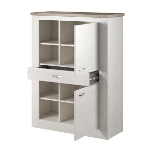 Buffet haut collection JUDY deux portes, un tiroir et quatre niches. Coloris blanc effet bois et chêne.