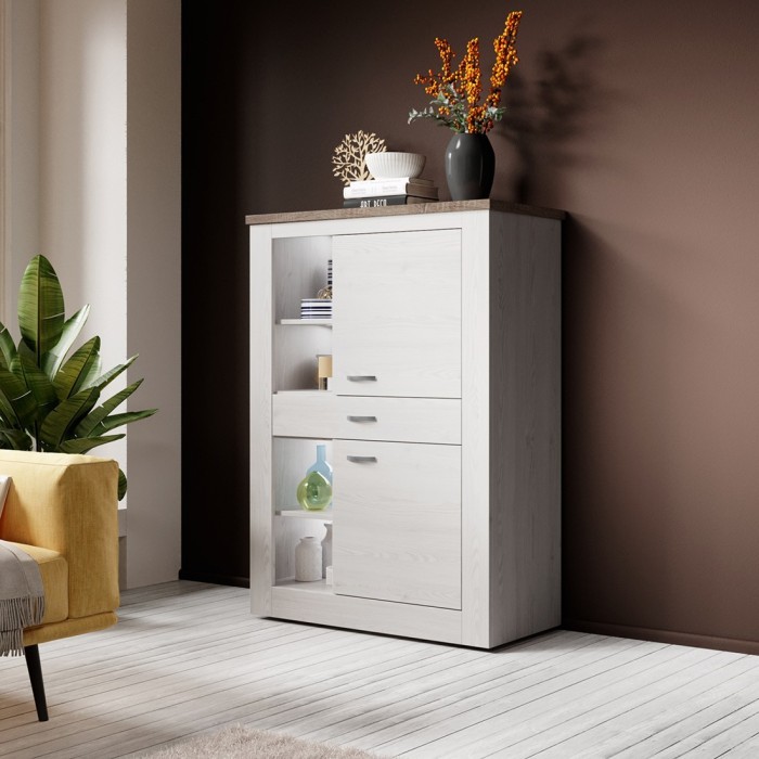 Buffet haut collection JUDY deux portes, un tiroir et quatre niches. Coloris blanc effet bois et chêne.