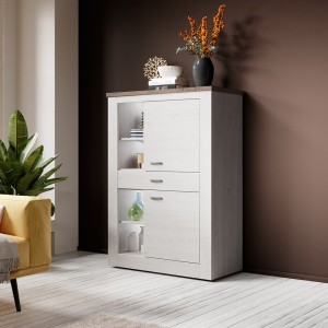 Buffet haut collection JUDY deux portes, un tiroir et quatre niches. Coloris blanc effet bois et chêne.