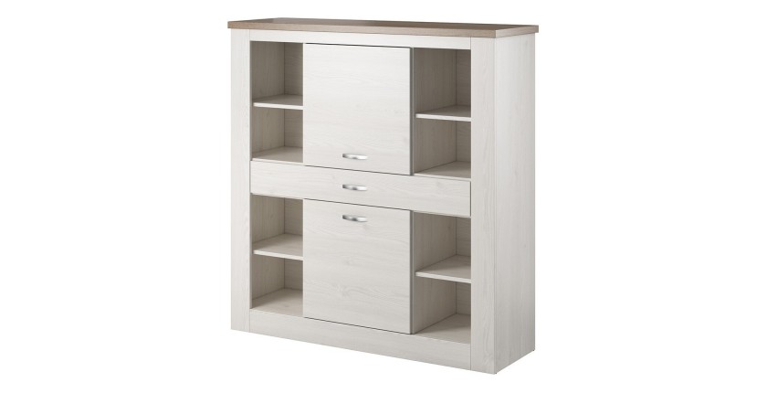 Vaisselier XL collection JUDY. Coloris blanc effet bois et chêne.