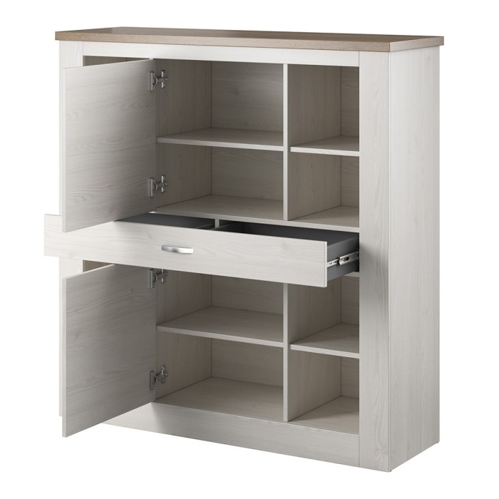 Vaisselier XL collection JUDY. Coloris blanc effet bois et chêne.