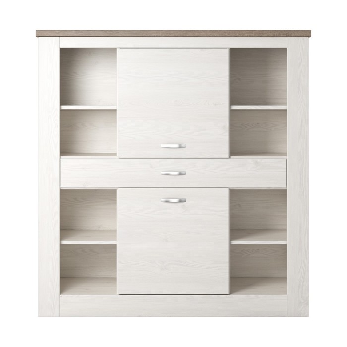 Vaisselier XL collection JUDY. Coloris blanc effet bois et chêne.