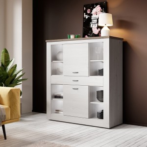 Vaisselier XL collection JUDY. Coloris blanc effet bois et chêne.