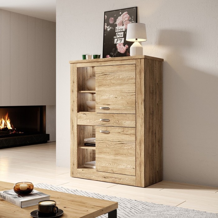 Buffet haut collection JUDY deux portes, un tiroir et quatre niches. Coloris chêne.