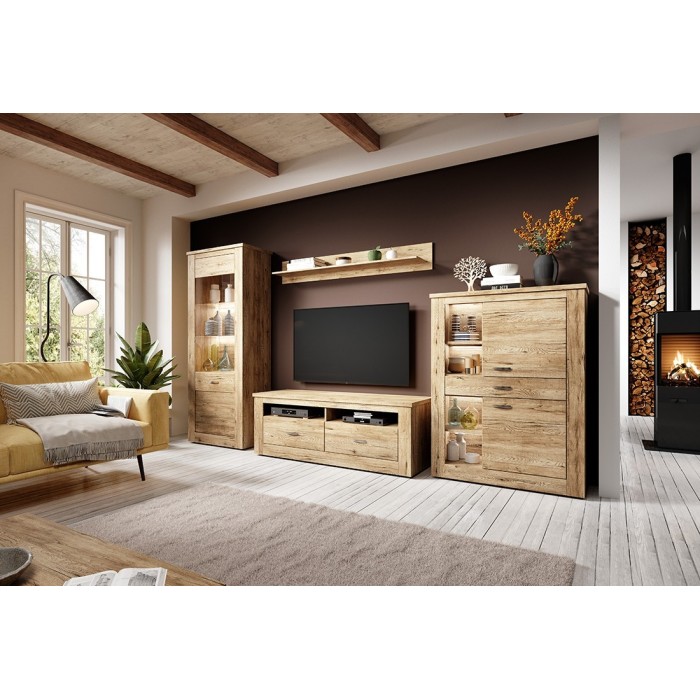 Buffet haut collection JUDY deux portes, un tiroir et quatre niches. Coloris chêne.