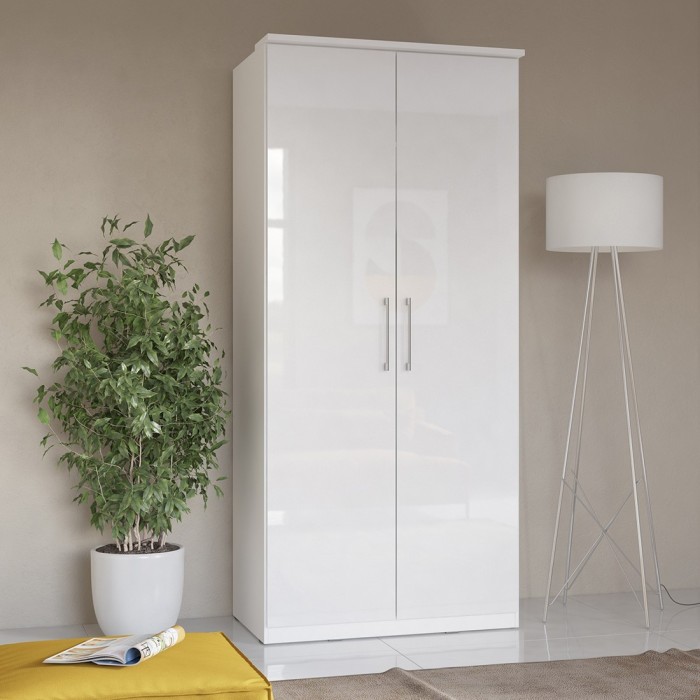 Armoire 2 portes pour dressing collection MODULO coloris blanc avec LED et pack 3 étagères inclus.