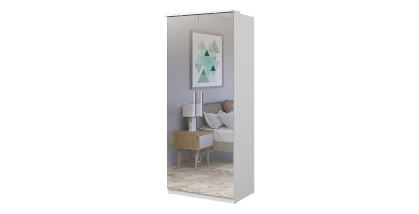 Armoire 2 portes avec miroir pour dressing collection MODULO coloris blanc avec LED et pack 3 étagères inclus.