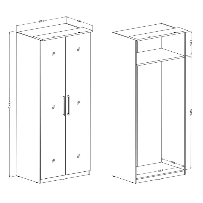 Armoire 2 portes avec miroir pour dressing collection MODULO coloris blanc avec LED et pack 3 étagères inclus.