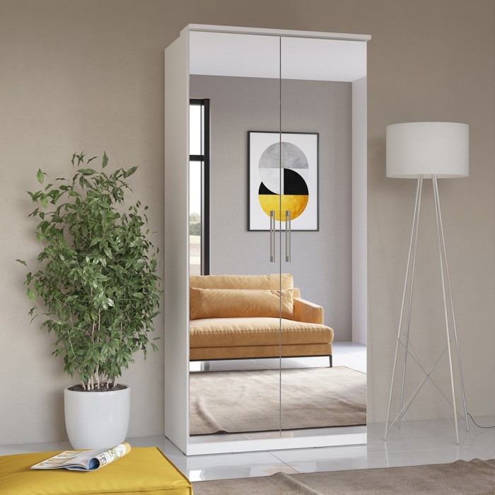 Armoire 2 portes avec miroir pour dressing collection MODULO coloris blanc avec LED et pack 3 étagères inclus.