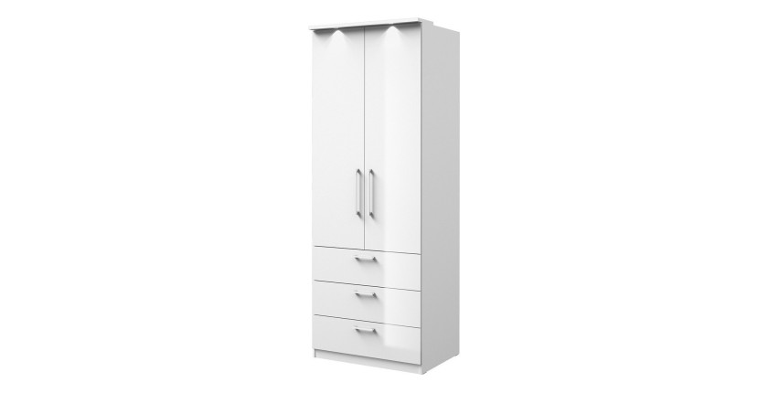 Armoire 2 portes et 3 tiroirs pour dressing collection MODULO coloris blanc avec LED et pack 3 étagères inclus.