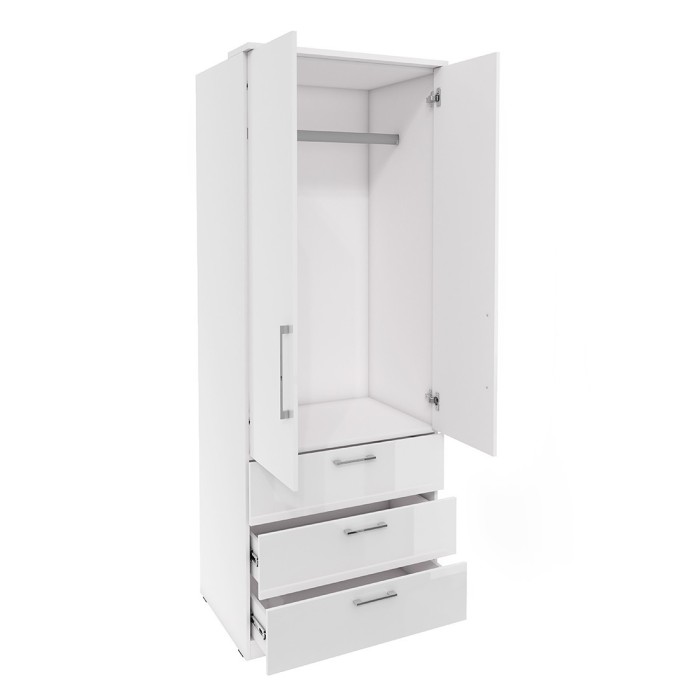 Armoire 2 portes et 3 tiroirs pour dressing collection MODULO coloris blanc avec LED et pack 3 étagères inclus.