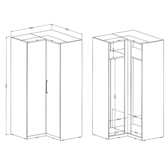 Dressing d'angle complet collection MODULO coloris blanc avec LED, joues de finitions et packs étagères inclus.