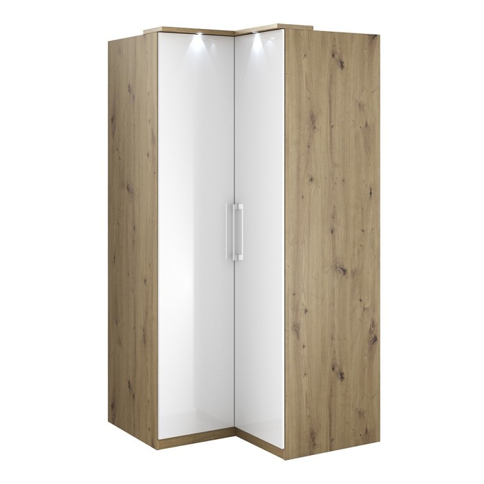 Armoire d'angle pour dressing collection MODULO coloris chêne et blanc brillant avec LED incluses.