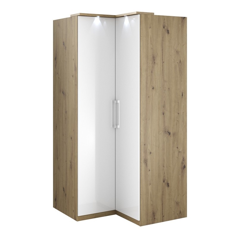 Armoire d'angle pour dressing collection MODULO coloris chêne et blanc brillant avec LED incluses.