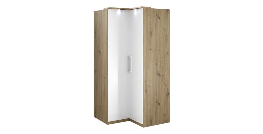 Armoire d'angle pour dressing collection MODULO coloris chêne et blanc brillant avec LED incluses.