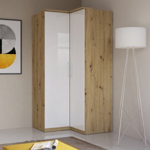 Armoire d'angle pour dressing collection MODULO coloris chêne et blanc brillant avec LED incluses.