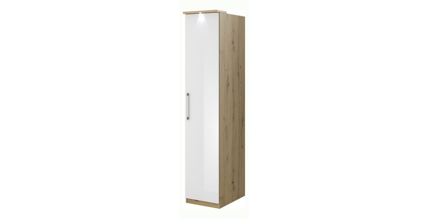 Armoire 1 porte pour dressing collection MODULO coloris chêne et blanc brillant avec LED incluses.