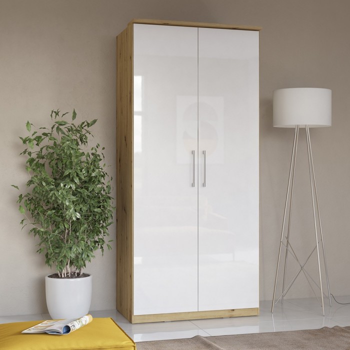Armoire 2 portes pour dressing collection MODULO coloris chêne et blanc brillant avec LED et pack 3 étagères inclus.