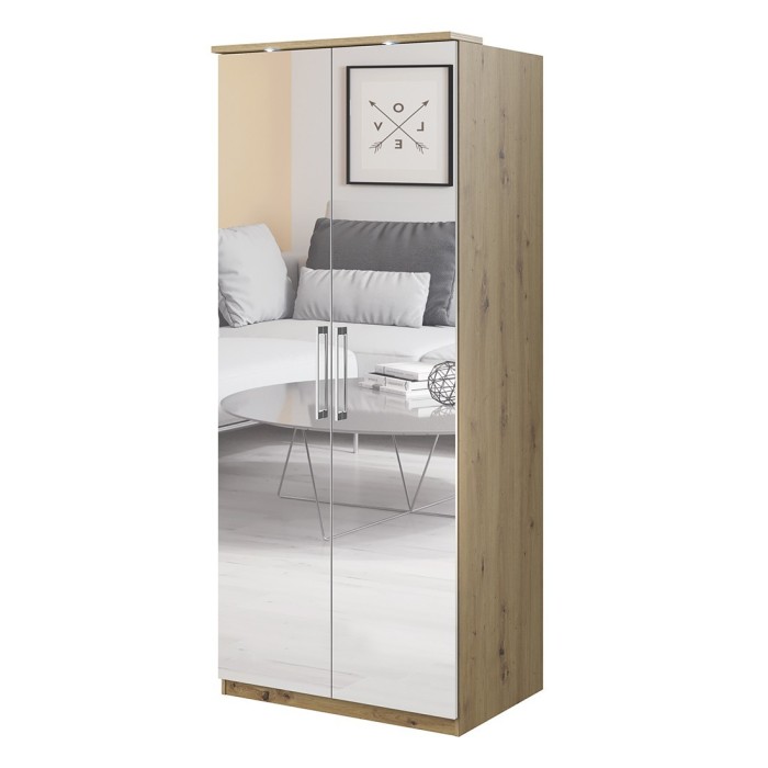 Armoire 2 portes avec miroir pour dressing collection MODULO coloris chêne avec LED et pack 3 étagères inclus.
