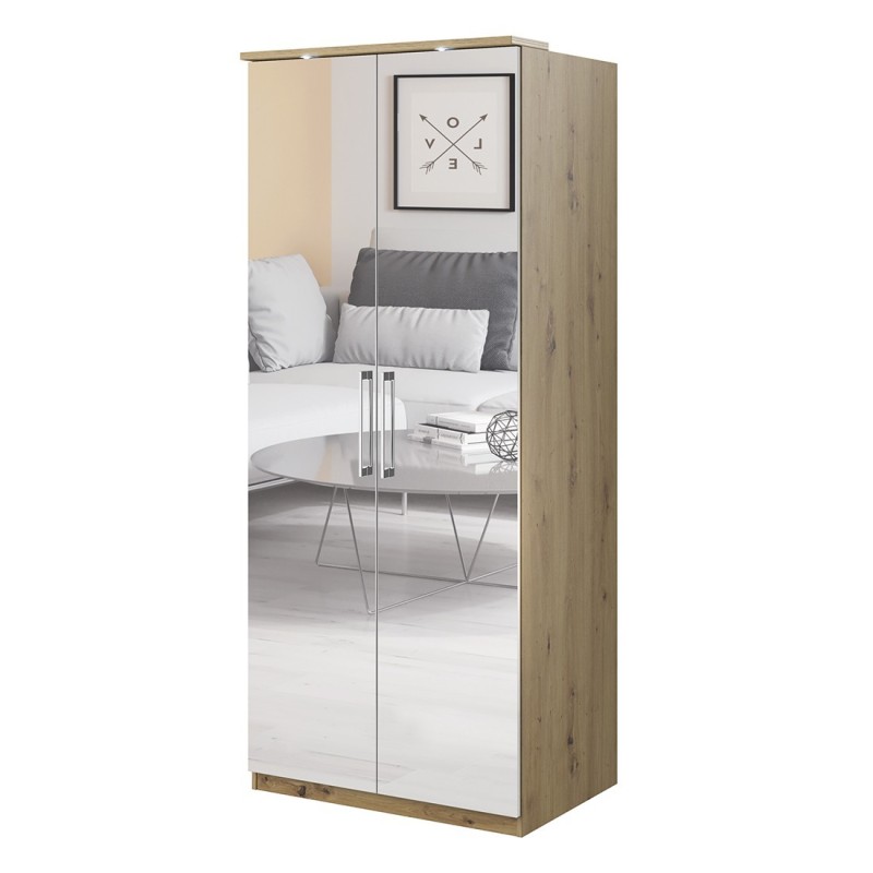 Armoire 2 portes avec miroir pour dressing collection MODULO coloris chêne avec LED et pack 3 étagères inclus.