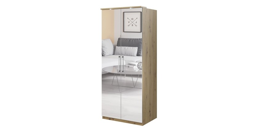 Armoire 2 portes avec miroir pour dressing collection MODULO coloris chêne avec LED et pack 3 étagères inclus.