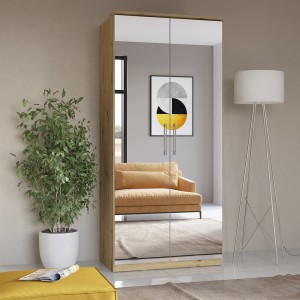 Armoire 2 portes avec miroir pour dressing collection MODULO coloris chêne avec LED et pack 3 étagères inclus.