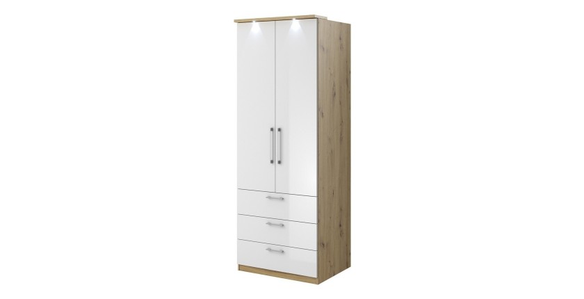 Armoire 2 portes et 3 tiroirs pour dressing collection MODULO coloris chêne avec LED et pack 3 étagères inclus.