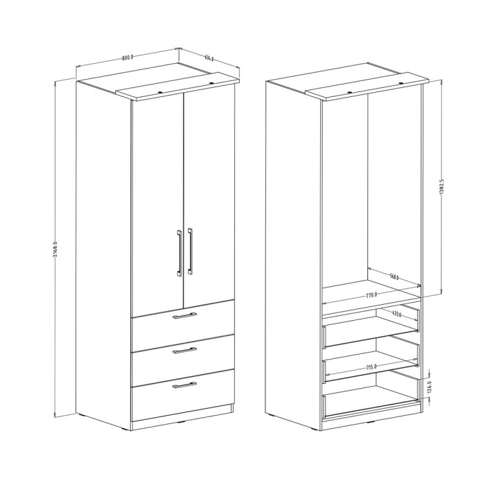 Armoire 2 portes et 3 tiroirs pour dressing collection MODULO coloris chêne avec LED et pack 3 étagères inclus.
