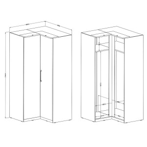 Dressing d'angle complet collection MODULO coloris chêne et blanc brillant avec LED, joues de finitions et étagères inclus.